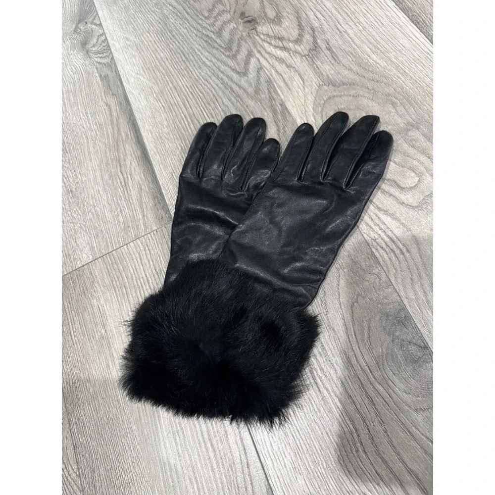 Womens Black Leather Gloves with Faux Fur Trim Knit Lining Size M 7.5 Winter